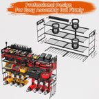 JUNNUJ Large Power Tool Organizer with 10 Outlet Power Strip, 4 Layer Wall Mount Drill Holder with Charging Station, 8 Drills Storage Shelf Shop Garage Utility Rack, Black