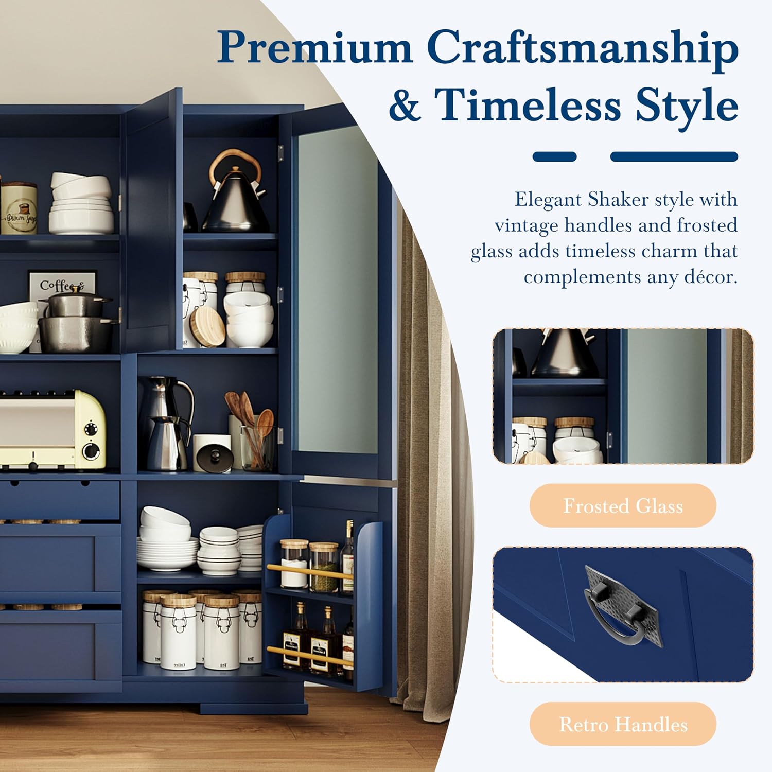 Merax Luxurious Extra Large 78" Pantry Cabinet with Hutch, Farmhouse Kitchen Pantry Cabinet with Drawers, Adjustable Shelves & Door Shelves, Kitchen Hutch Food Pantries with Open Countertop, Blue