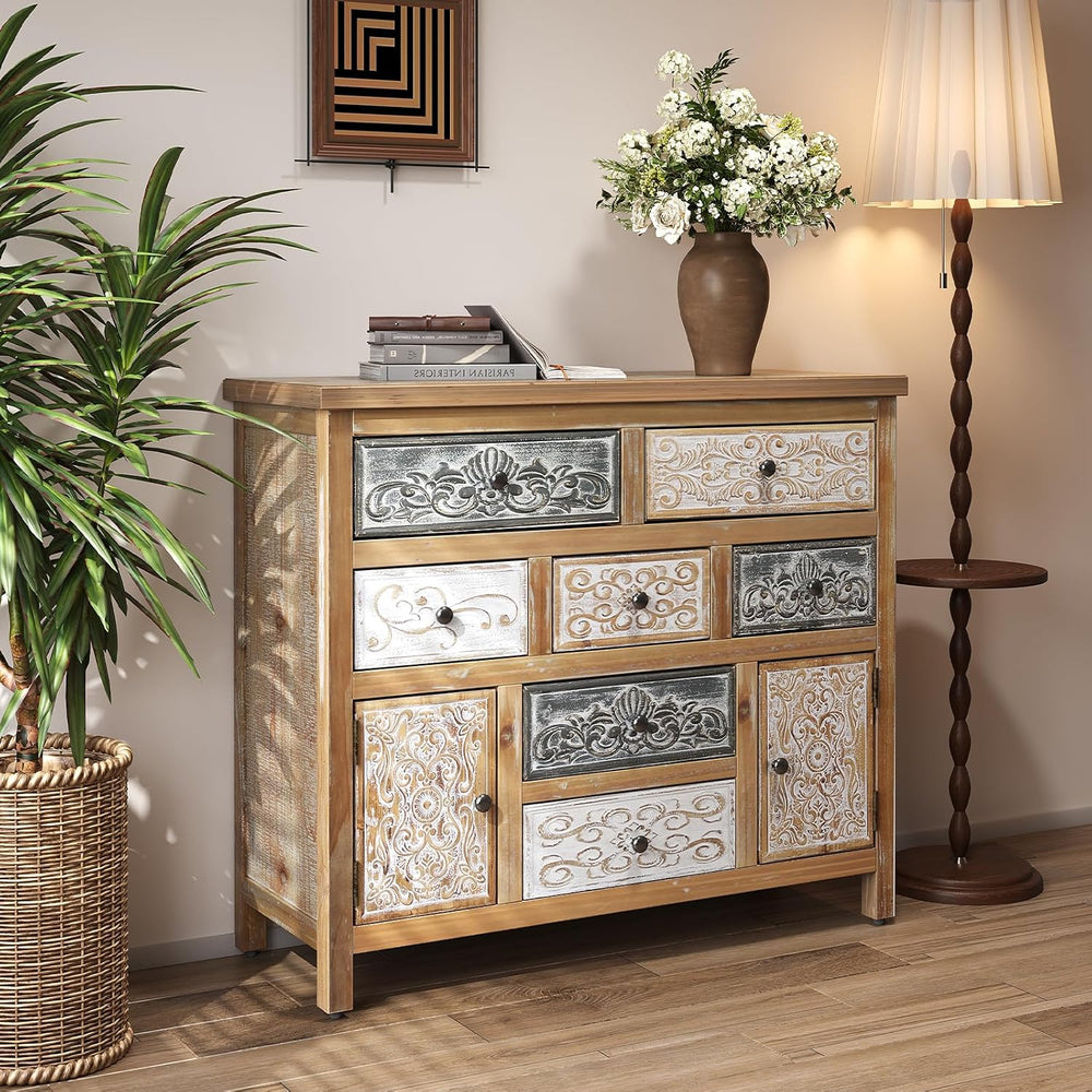 Console Table w Carved Doors and Drawers Sofa Table Wood Sideboard Cabinet wi...
