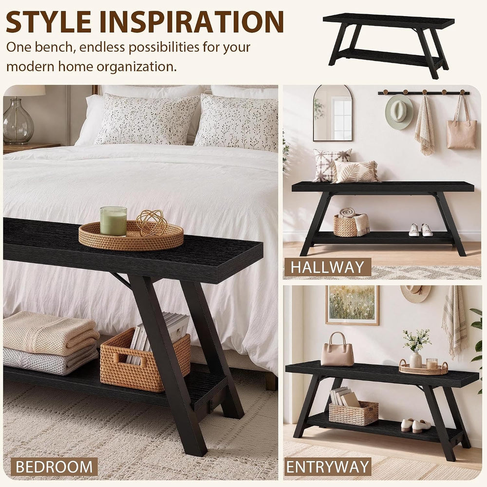 LVB Black Entryway Bench with Storage, Wood Bench for Entryway, 47 in