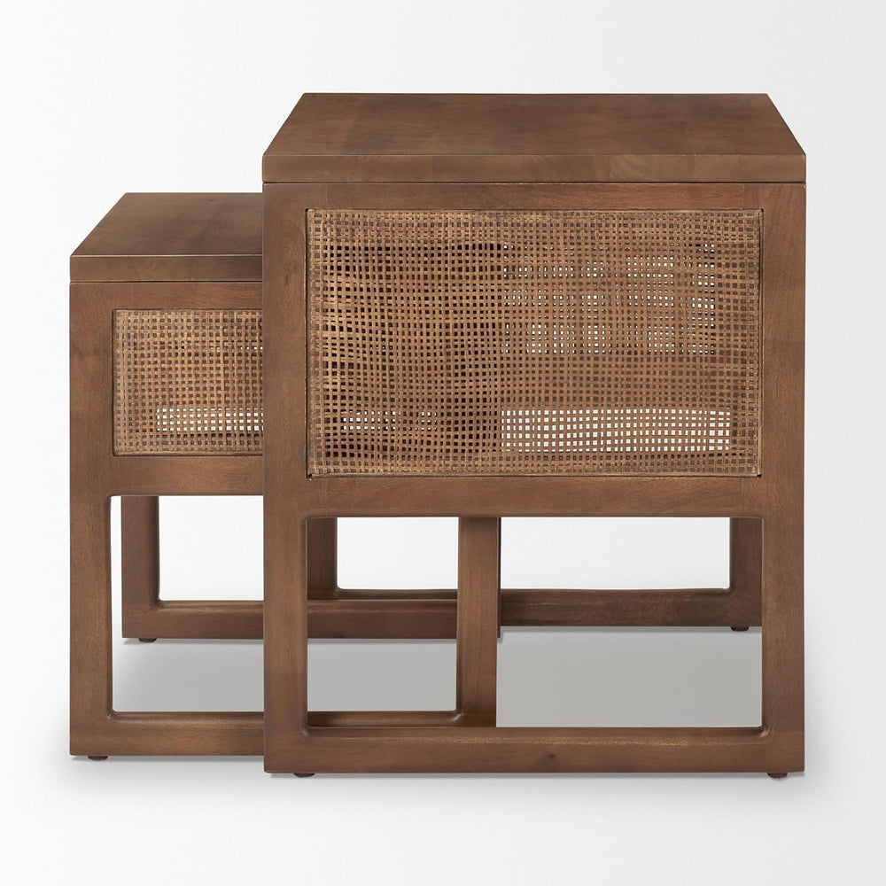 Mercana Grier Set of 2 Medium Brown Solid Wood w/Cane Nesting Accent Tables