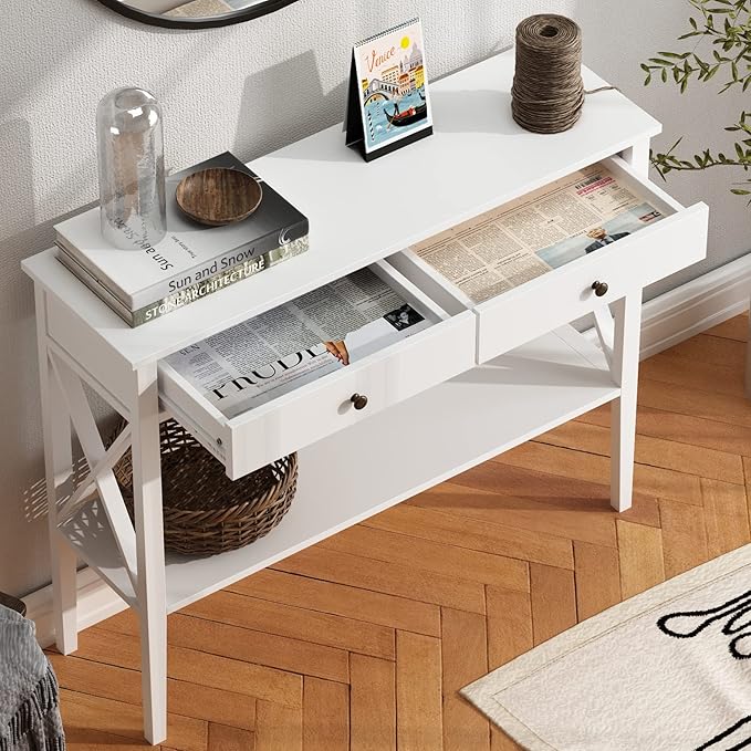 ChooChoo Console Table with Drawers, Narrow Wood Accent Sofa Table Entryway T...