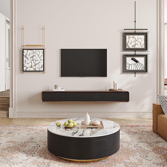 POVISON Fully-Assembled Minimalist Floating TV Stand, Modern Wall-Mounted Entertainment Center with 3 Flip-Down Cabinet Doors, Solid Wood, Walnut Veneer, 78"