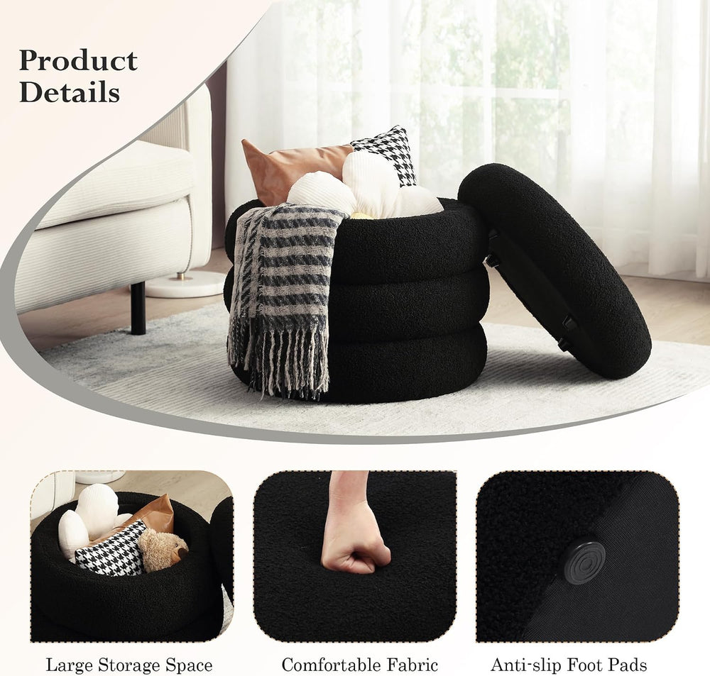 19.5 Inch Round Storage Ottoman, Modern Sherpa Ottoman Coffee Table with Remo...