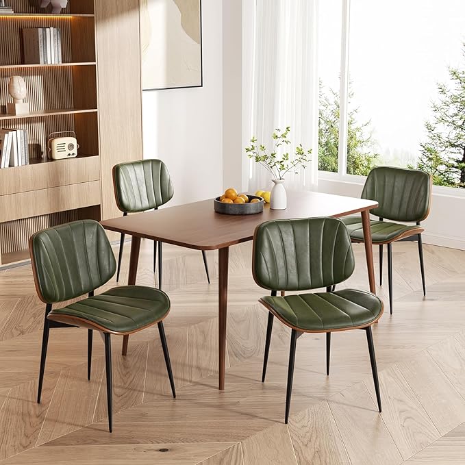 Dining Chairs Set of 8, Mid Century Modern Dining Room Chair, Upholstered Faux Leather Kitchen Chairs with Walnut Bentwood Back and Metal Legs for Kitchen Dining Room Living Room, Green