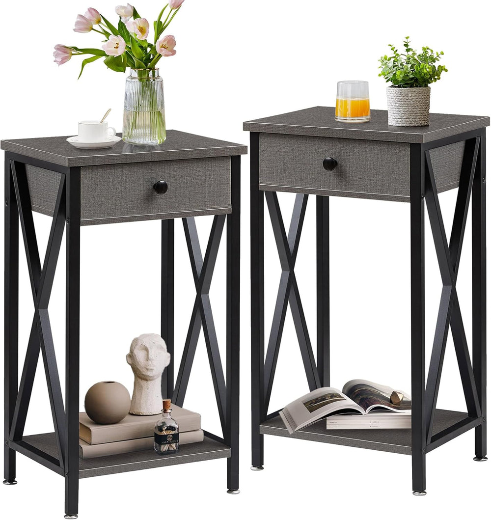 VECELO Tall Nightstand,27.6 inch Wooden End Table with Metal X-Frame,Side Tab...