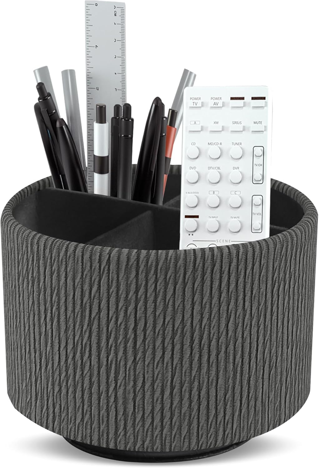 Round Leather Art Supply Organizer,Remote Control Holder,360 Degree Spinning,Multi-Functional Pencil Holder,4 Compartments Desktop Stationary Organizer(1-Wood Black)