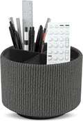Round Leather Art Supply Organizer,Remote Control Holder,360 Degree Spinning,Multi-Functional Pencil Holder,4 Compartments Desktop Stationary Organizer(1-Wood Black)