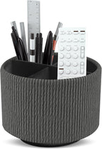 Round Leather Art Supply Organizer,Remote Control Holder,360 Degree Spinning,Multi-Functional Pencil Holder,4 Compartments Desktop Stationary Organizer(1-Wood Black)