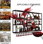 Large Wall Mount Wine Rack, Metal 4 Tier Large Capacity Hanging Bar Rack with Wine Glass Holder, Oval Wine Bottle Storage Display Rack for Kitchen, Living Room, Home (H, 71in)