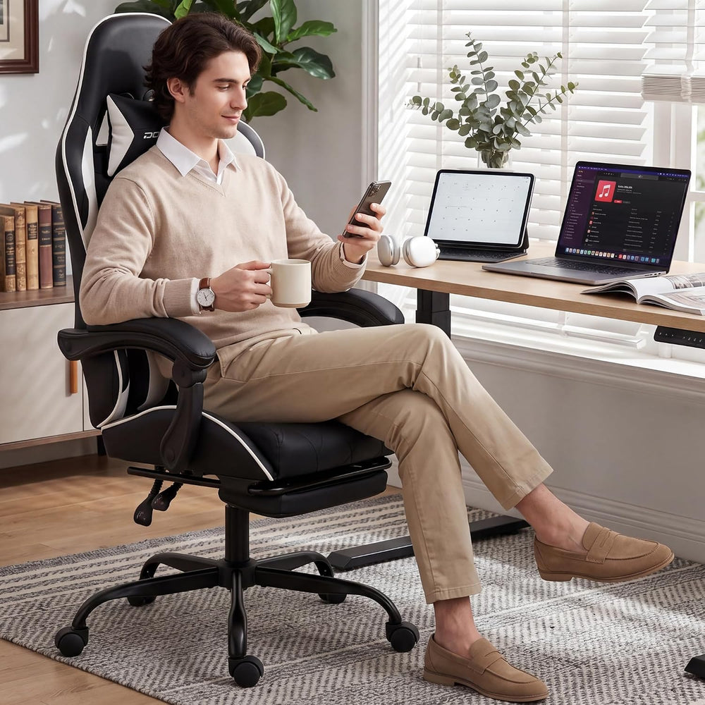 Dowinx Gaming Chair with Footrest, Ergonomic Office Chair, Black White | PU l...