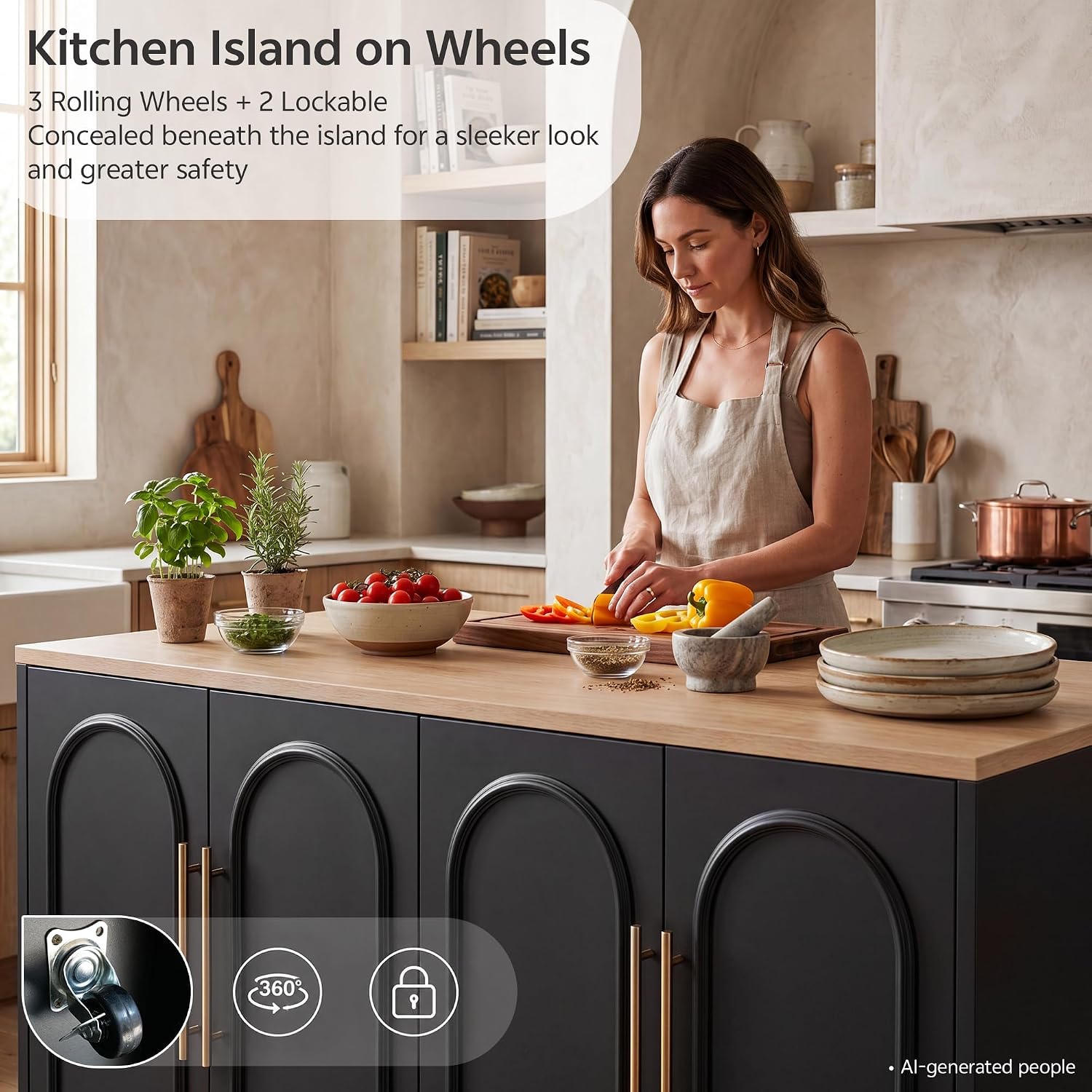 Large Kitchen Island, 63" L Kitchen Island Table with Power Outlet | Wooden Island Bar Table with 4 Arch Doors Kitchen Island with Storage Cabinet & Seating Room for Dining Room, Home Bar, Black
