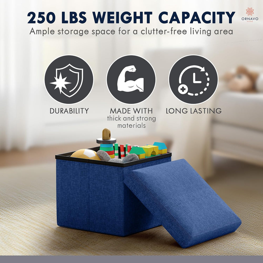 Ornavo Home Small Square Storage Ottoman, Set of 2, 12x12x12, Navy Blue