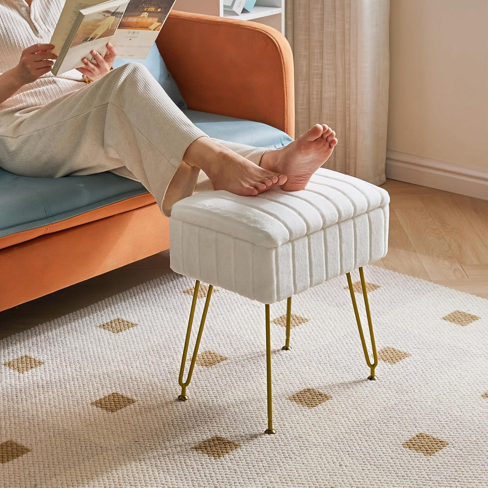 IBUYKE Vanity Chair with Storage, Faux Fur Footrest Ottoman, White LG-50W | S...