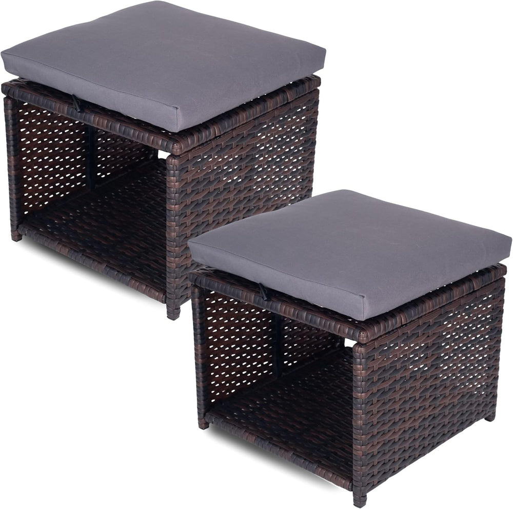 Outdoor Storage Ottoman (Set of 2) - All-Weather Wicker Patio Footstool with ...