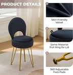 Velvet Black Small Vanity Chair & Stool - 13" Dx13 W Folding Back Storage Ottoman, Anti-Slip Golden V-Leg for Bedroom Makeup Room