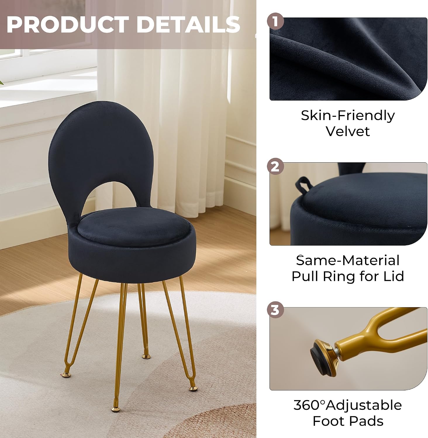 Velvet Black Small Vanity Chair & Stool - 13" Dx13 W Folding Back Storage Ottoman, Anti-Slip Golden V-Leg for Bedroom Makeup Room