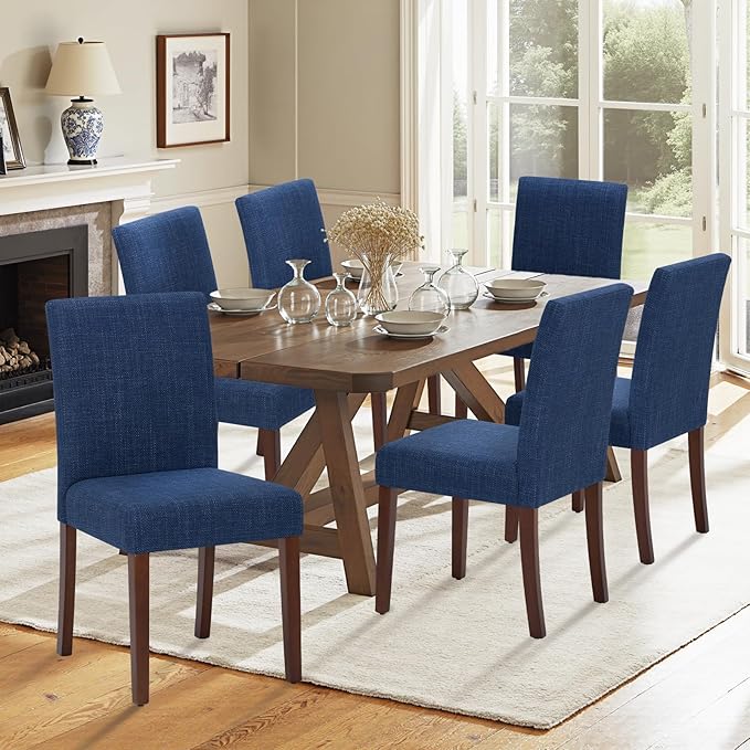 Upholstered Dining Chairs Set of 2 - Line Fabric Modern Farmhouse Kitchen Chairs,Mid-Back Dining Room Chairs with Wooden Legs
