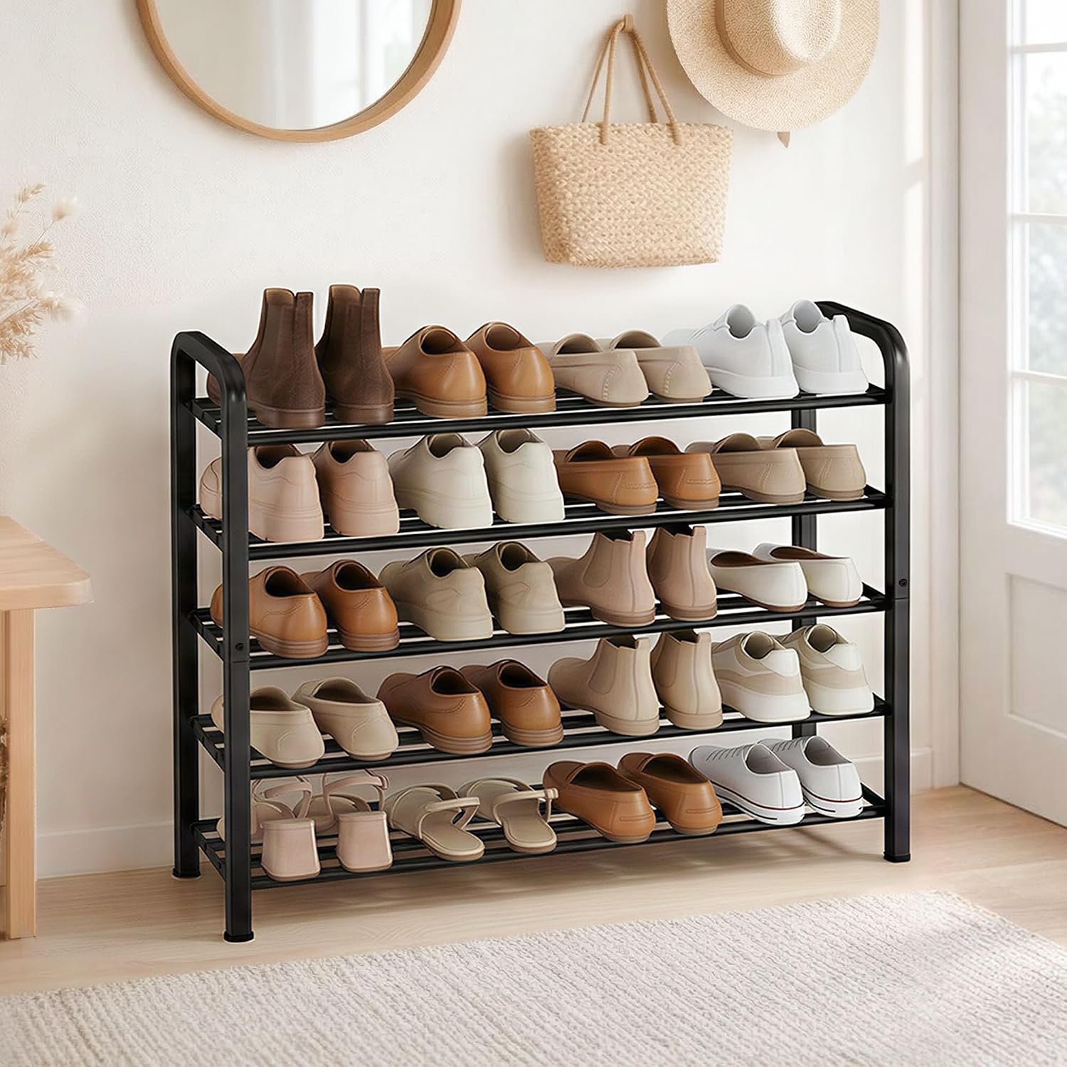 STORAGE MANIAC 5-Tier Expandable Shoe Rack, 20 Pairs Adjustable Shoe Shelf for Closet, Entryway, Hallway, Garage, Dorm, Heavy-Duty Metal Shoe Organizer for Small Space, Black