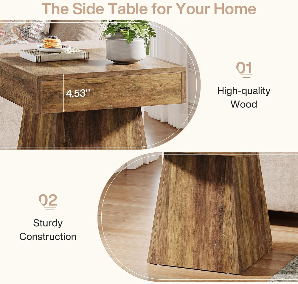 Tribesigns Small End Table, Rustic Square Side Table with Wide Base, Farmhous...