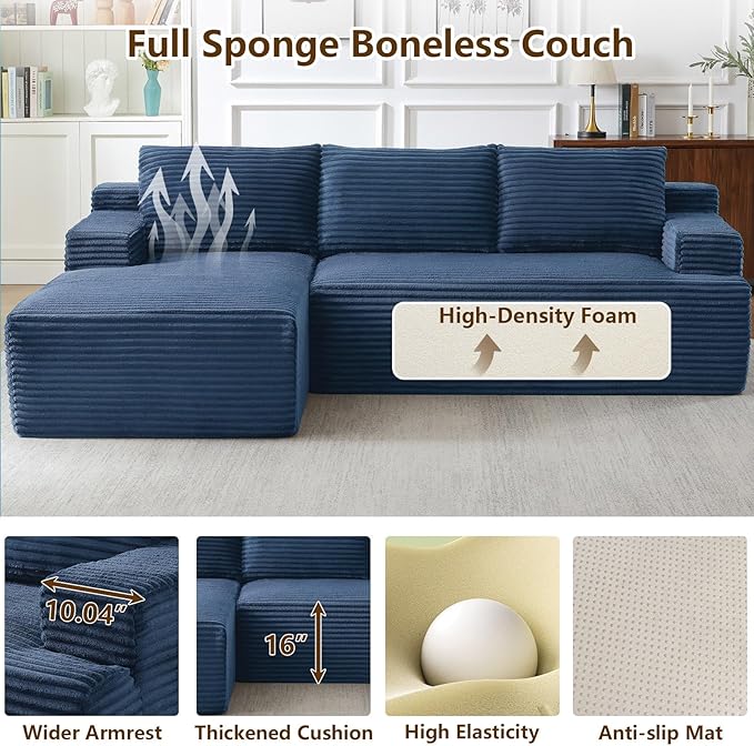 96.1" Modular Sectional Sofa Couches L-Shape Couch 3 Seat Modular Sofa Corduroy Memory Foam Sectional Boneless Couches for Living Room, Cloud Couch with Oversized Chaise(Blue, Left Facing)