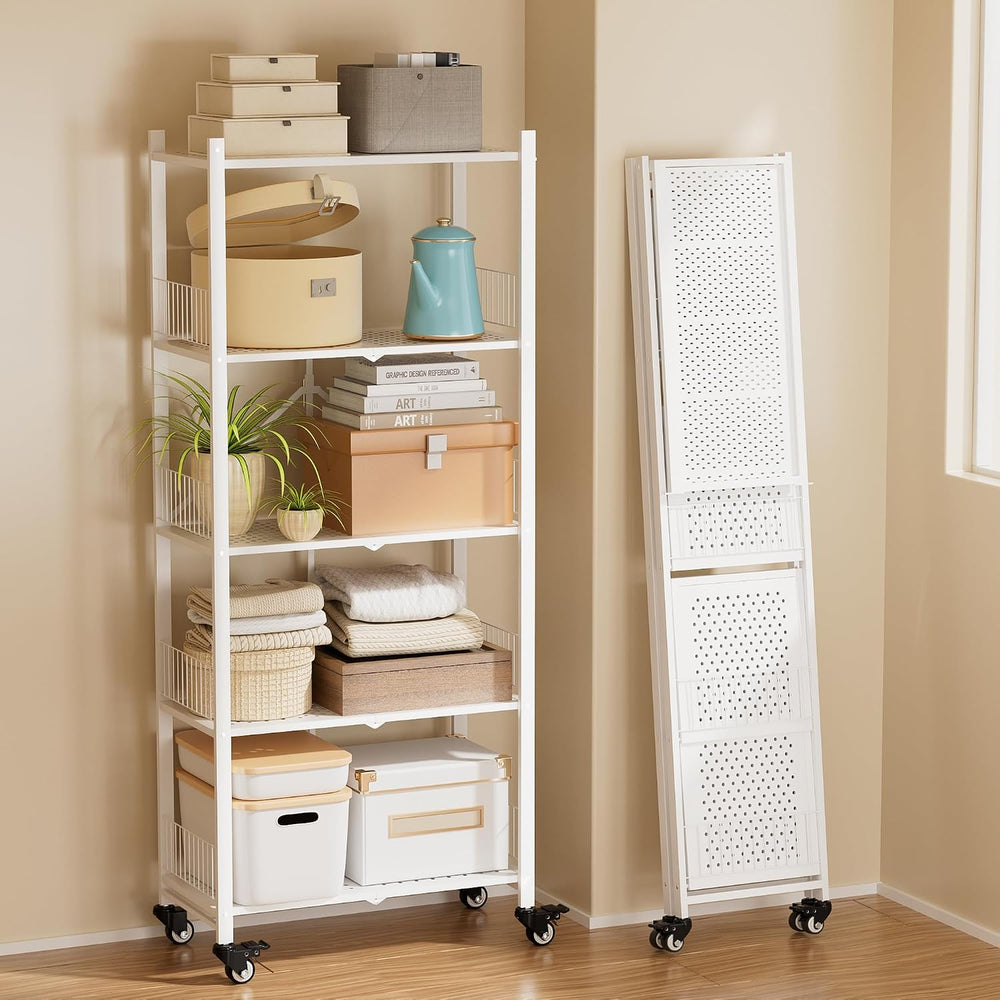Folding Shelves No Assembly, 5 Tier Foldable Storage Shelves with Wheels, 220...