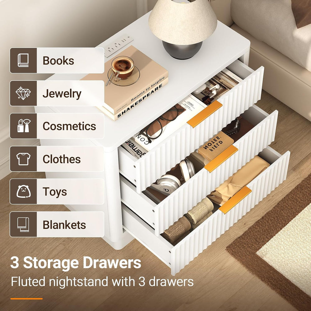 ELYKEN 24'' Nightstand Set of 2, Outlet & 3 Drawers, Fluted Bedsi...