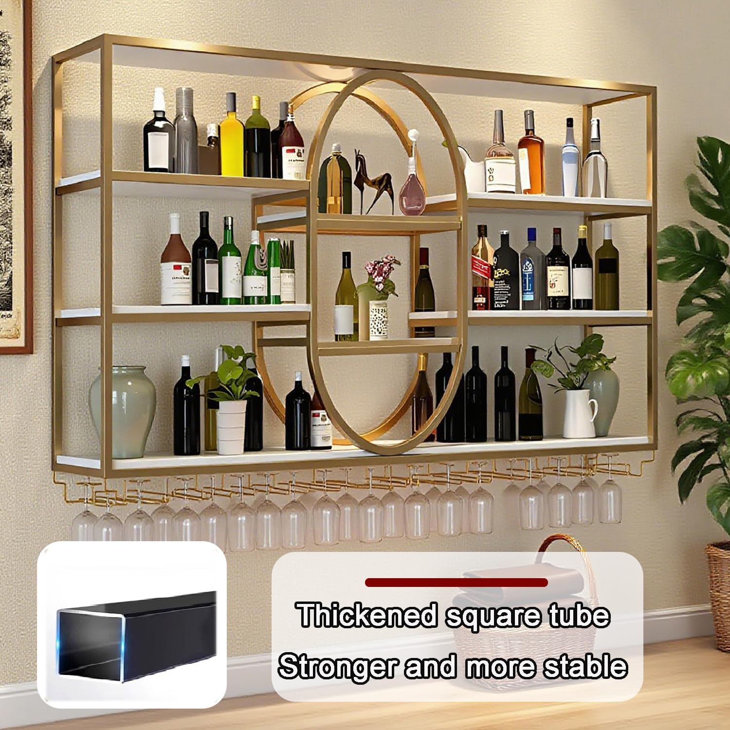 71IN Large Wall Mount Wine Rack, Metal 4 Tier Hanging Bottle Holder with Wine Glass Storage Racks, Modern Floating Wine Shelves for Home Bar Dining Room Decoration (Gold)