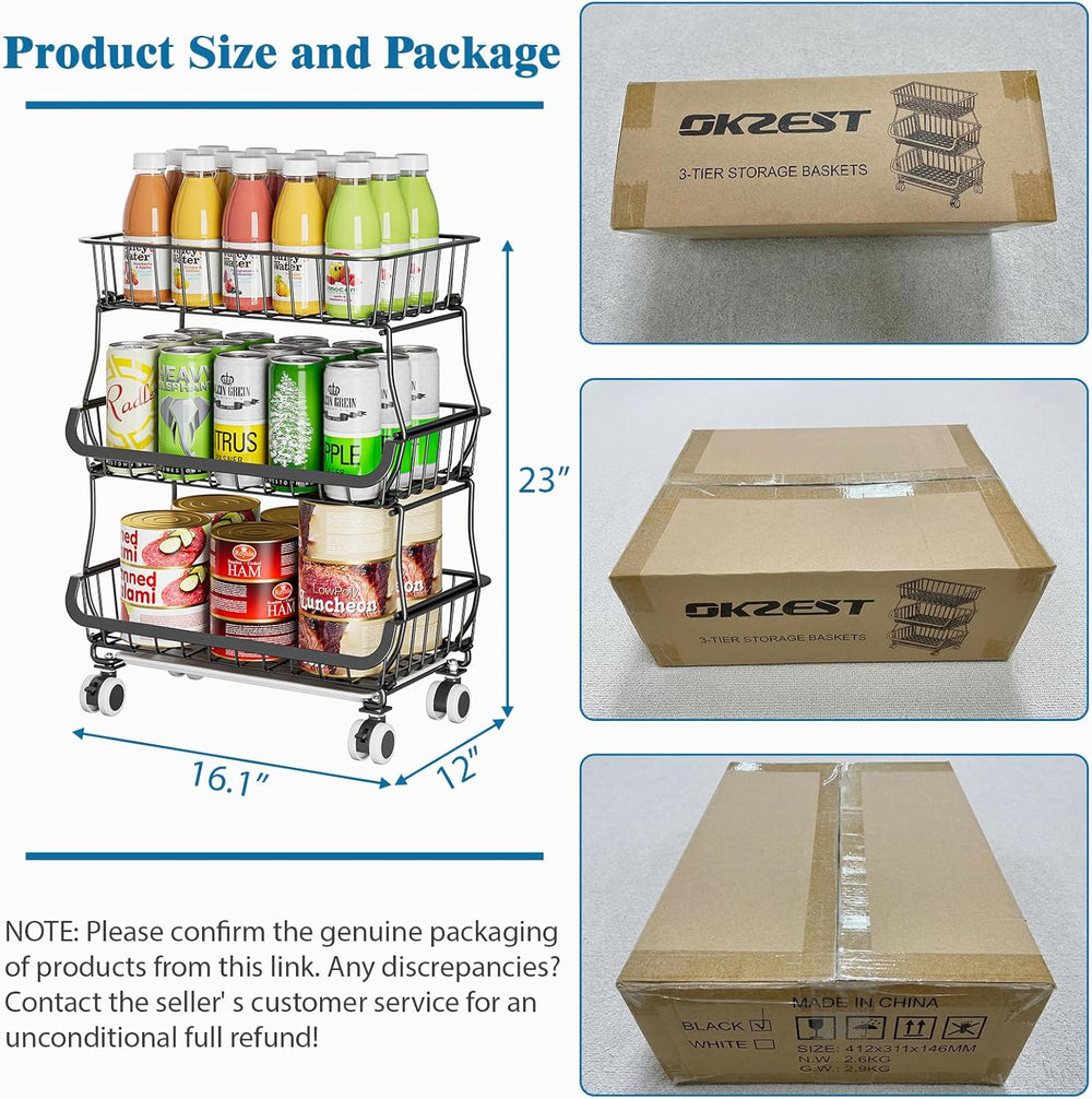 OKZEST 3-Tier Rolling Pantry Floor Organizer and Storage Cart with Wheels, St...