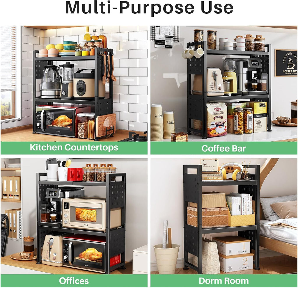 Microwave Stand, 3-Tier Expandable(17.4"- 27.4") Heavy Duty Adjustable Shelf Microwave Oven Rack, Kitchen Countertop Organizer and Storage with 9 Hooks & Cutting Board Holder, Holds up 180 lbs, Black