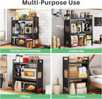 Microwave Stand, 3-Tier Expandable(17.4"- 27.4") Heavy Duty Adjustable Shelf Microwave Oven Rack, Kitchen Countertop Organizer and Storage with 9 Hooks & Cutting Board Holder, Holds up 180 lbs, Black