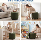 Furniliving Modern Round Storage Ottoman, Upholstered Button Tufted Ottoman Footstool Ottomans with Removable Lid Storage Footstool for Living Room, Bedroom, Makeup Room, Teddy, Green