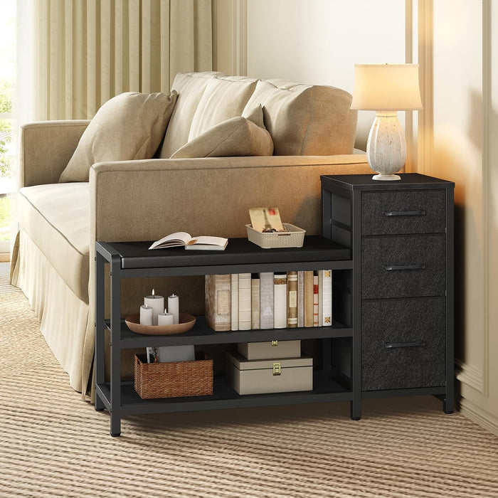 YATINEY Entryway Bench with Shoe Storage, 3-Tier Shoe Rack Bench with Wooden Shelves and 3 Non-Woven Drawers, PU Padded Shoe Storage Bench for Entryway, Bedroom, Black HX07BB