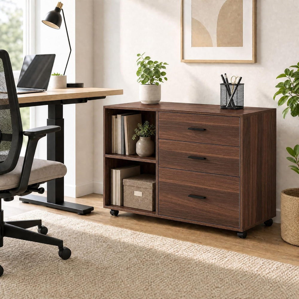 Tribesigns 39 in. Wooden Filing Cabinet with Open Storage Shelves and 3 Drawe...