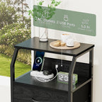 Furnulem Night Stand with Charging Station, 28.3 Inch Tall Side Table with Fabric Drawers and Storage Shelf, Bedside Table with USB Ports & Outlets, Nightstand for Bedroom, 3 Ways to Use, Black Oak
