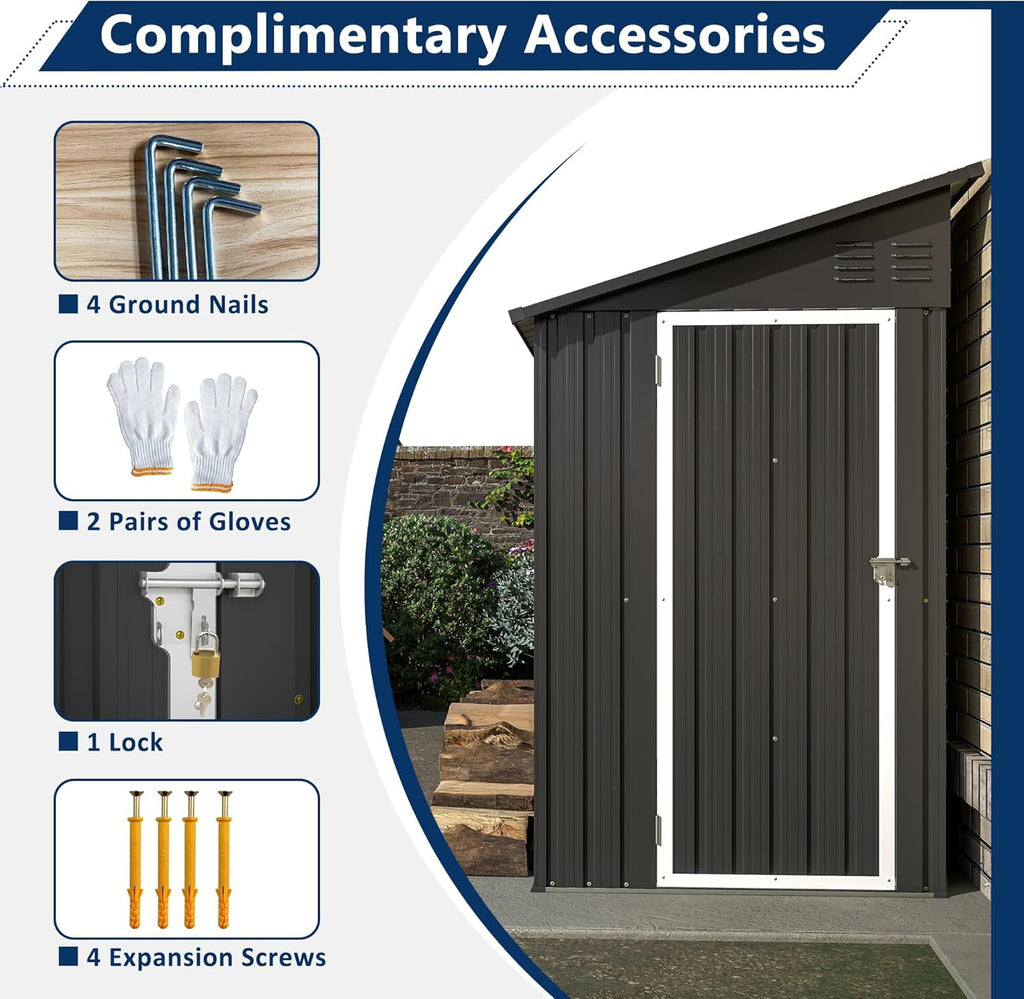 Outdoor Metal Storage Shed 4 x 8 ft, Garden Shed Lean to shed for Bike, Tool Outside Shed with Floor Base, Lock, Door for Backyard, Patio, Lawn, Black