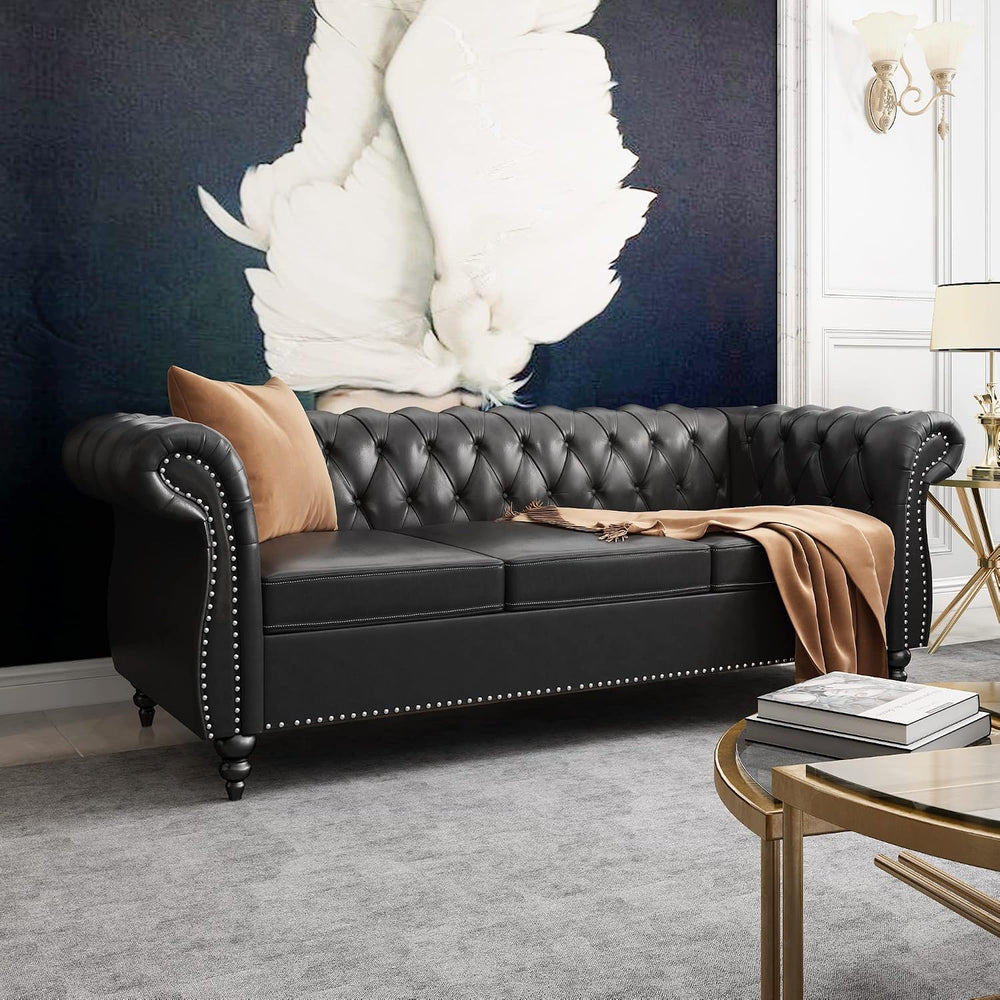 AVZEAR 84" Chesterfield Sofa 3-Seater, Classic Roll Arm PU Leather Couch...