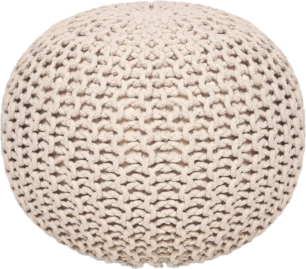 · REDEARTH · Round Pouf Ottoman - Hand Knitted Boho Poof Footrest - Ivory