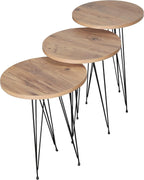 Set of 3 Pine Wood Nesting End Tables Round Wood Stacking Coffee Side Accent Table with Metal Legs for Living Room, Home Office, Nightstands for Bedroom