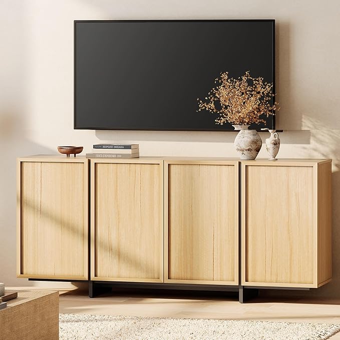 WAMPAT Modern TV Stand for TVs Up to 75", Wooden Entertainment Center TV Console with 4 Door Closed Storage and T-Shaped Wood Legs, Media Console Cabinet for Living Room, Bedroom, Oak