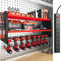 SOYEEZE Large Power Tool Organizer Wall Mount with Charging Station, 3 Layer Heavy Duty Metal Tool Storage Rack with 8 Drill Holder, Tool Holder Built in 8 Outlet Power Strip-Red