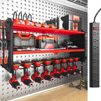 SOYEEZE Large Power Tool Organizer Wall Mount with Charging Station, 3 Layer Heavy Duty Metal Tool Storage Rack with 8 Drill Holder, Tool Holder Built in 8 Outlet Power Strip-Red