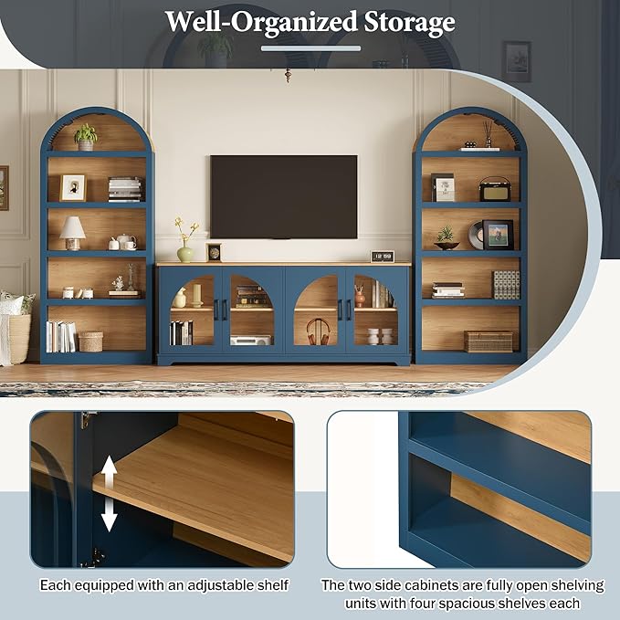 3-Piece Retro TV Stand Set with Bookshelf, Entertainment Center with Arched Design for TVs up to 70'', Farmhouse Media Console with Tempered Glass Doors for Living Room, Blue