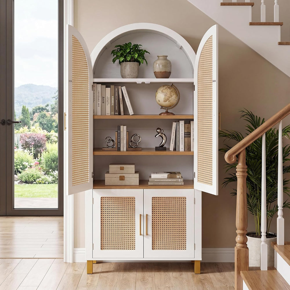 71" Tall Arched Cabinet with Rattan Doors & Adjustable Shelves, Whit...