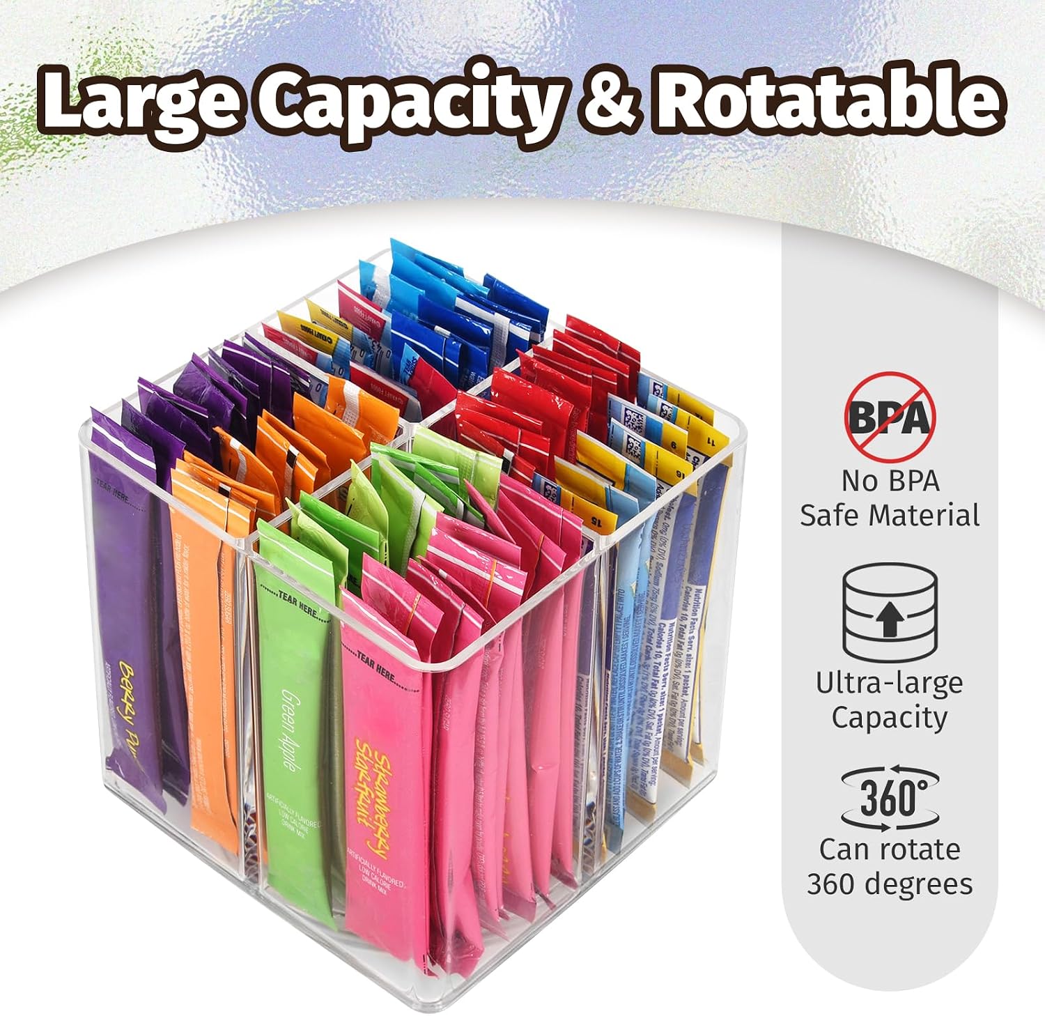 Drink Packet Organizer For Powdered Drink Mix,Powder Packet,Water Packet,Water Flavor Packet,Lazy Susan Organizer Rotating Holder for Drink Mix Necessities（Square）
