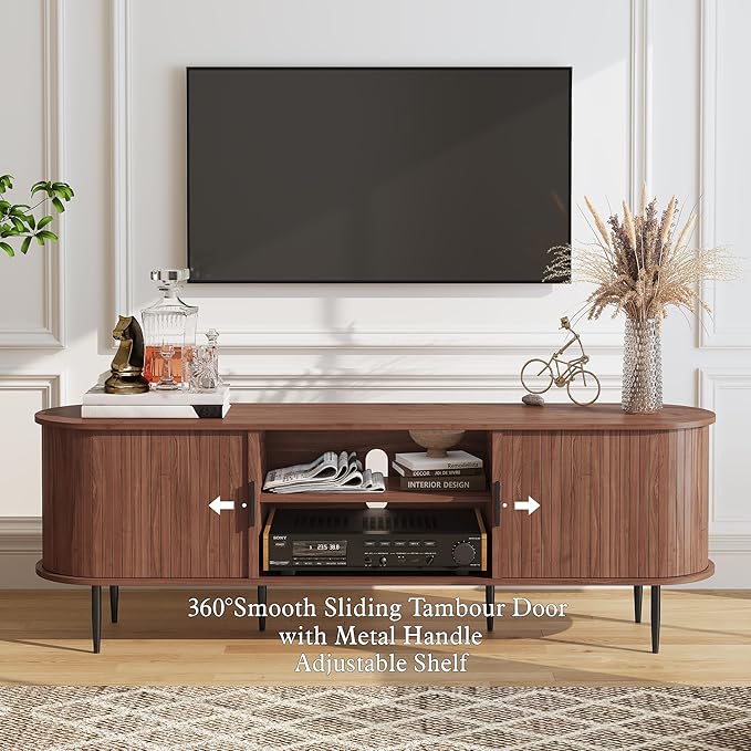 ARTPOWER 70" Modern TV Stand with Tambour Door for TVs up to 80", Entertainment Center with Storage, Fluted Television Consoles for Living Room, Brown