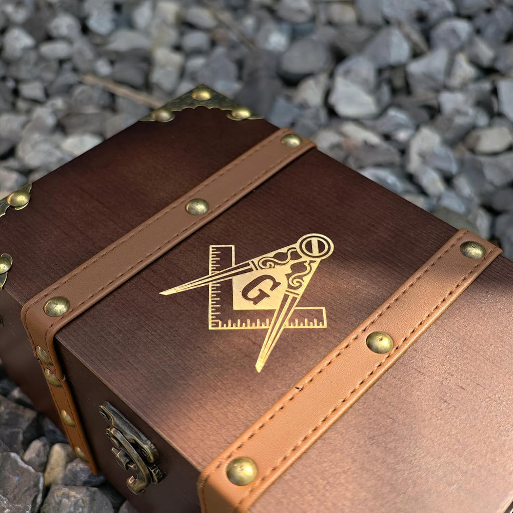 Masonic Engraved Solid Wood and Leather Chest, Wooden Box with Velvet Lining,...