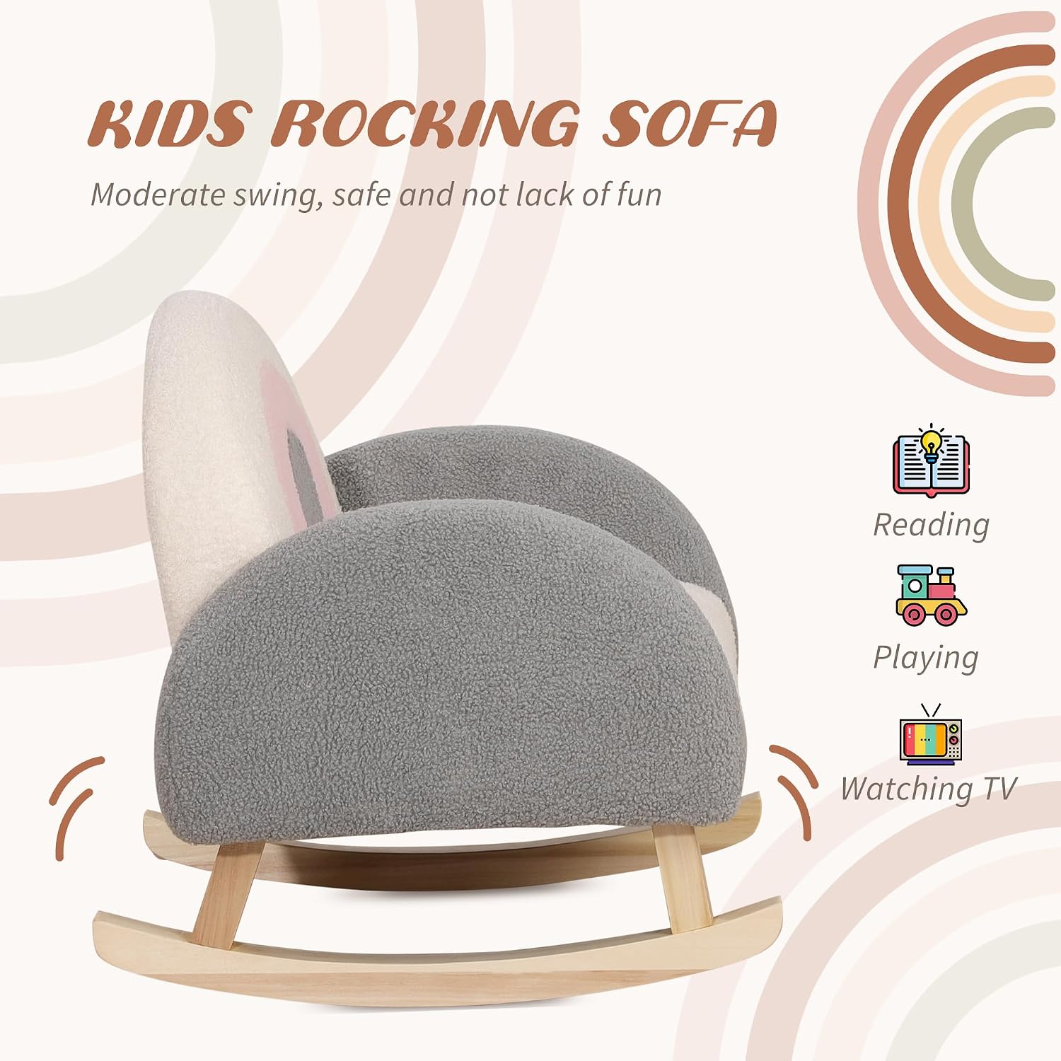 Qaba Kids Sofa Toddler Rocking Chair Solid Wooden Frame 18-36 Months Gray | Faux Lamb Fleece Fabric, Kids Arm Chair, Nursery Or Playroom
