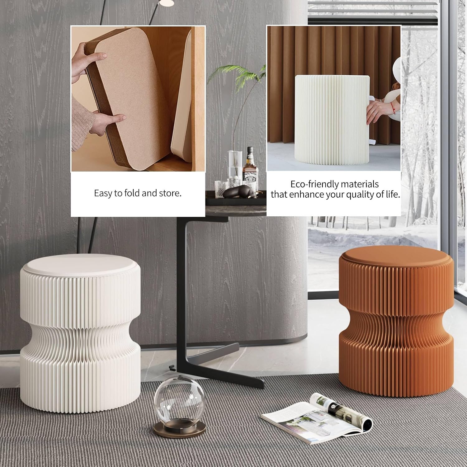 Foldable Paper Stool - Creative Accordion Design, Portable Expandable Round Stool for Home & Commercial Use, Footrest Seat for Entryway, Living Room or Retail Stores (Brown, H16in*D14in)