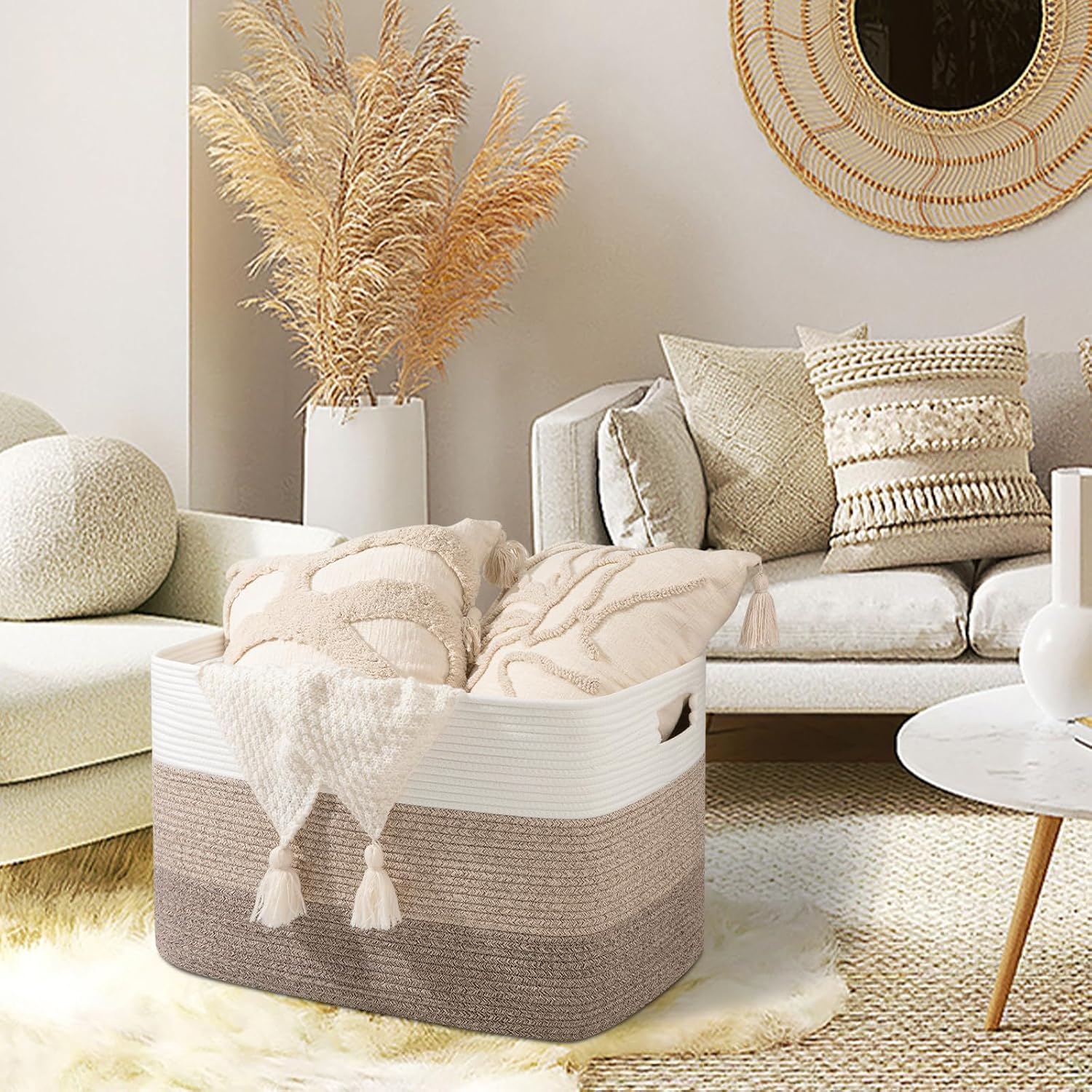 OIAHOMY 118L Extra Large Blanket Basket, Rectangle Woven Cotton Rope Storage Basket,Used for storing Dirty Clothes, Stuffed Animal Toy Storage for Living Room,Kids Room,25" x 17" x 16", Gradient Brown